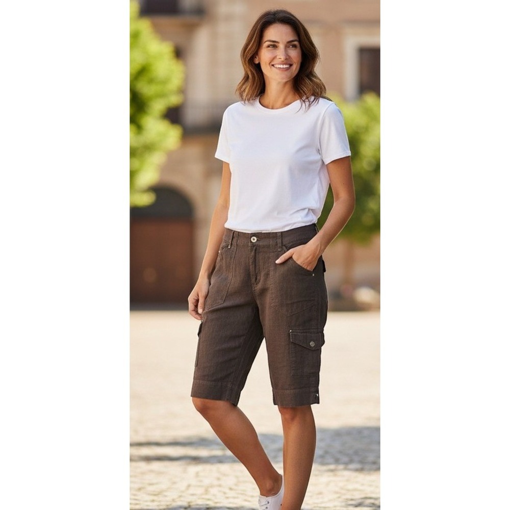 Chico's Linen Cargo Shorts Women Medium 1.5 Brown Knee Length Utility Summer